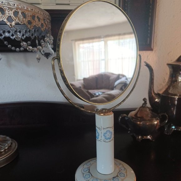 Unusual MCM Vintage StandingTable Mirror, Two Sided, Blue Flowers, Gold Trim - Picture 1 of 6